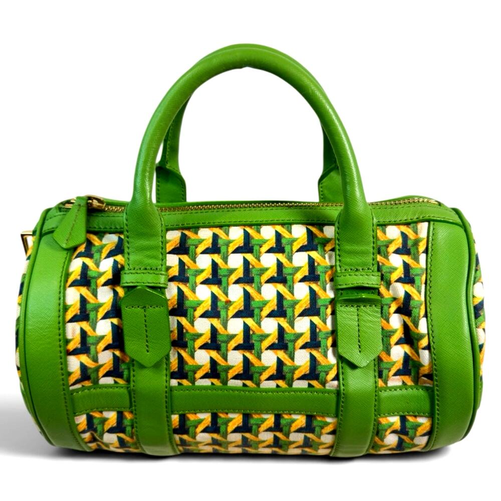 Tory Burch Green Nylon & Leather Boston Satchel Gold Hardware Bag Charm